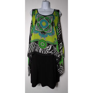 S.L. Fashions 18W Dress Shift Boho Layered Black Green Peasant Abstract Artsy